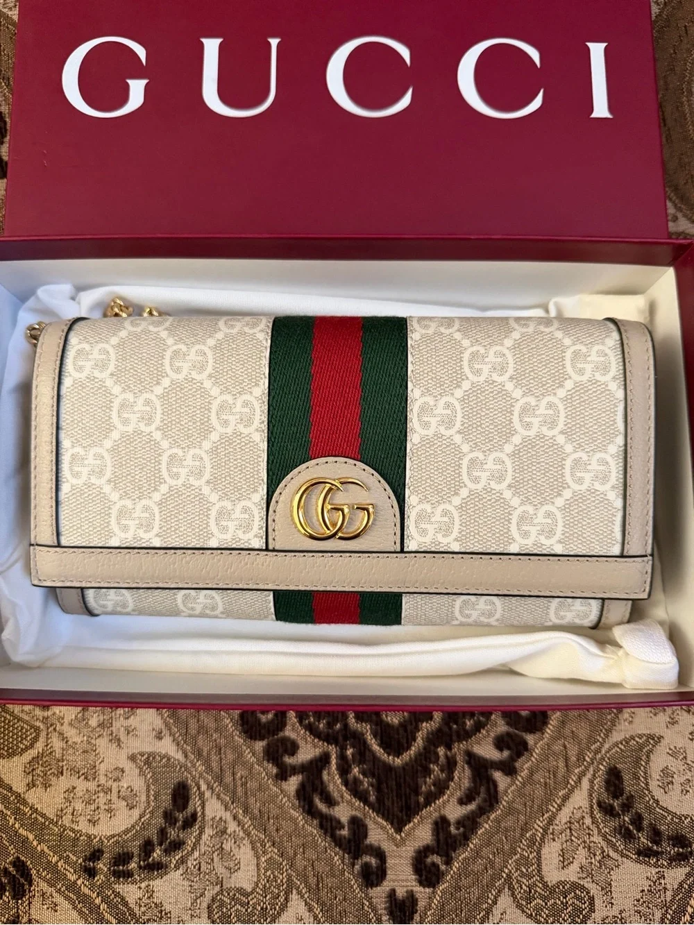 Gucci Orphidia Beige GG Supreme Wallet-On-Chain with Green and Red Web Stripe